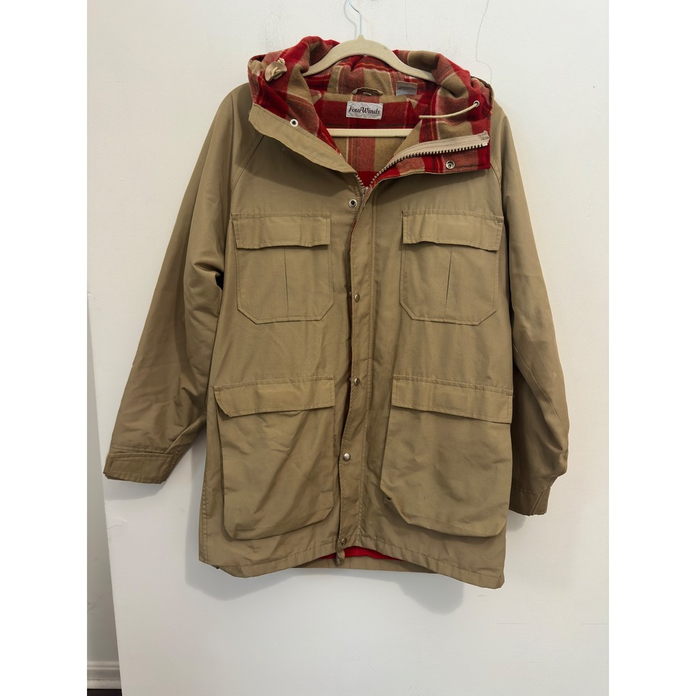 Vintage Mountain Parka Tan Plaid Lined Hooded Gorpcore Cargo Pocket FourWinds M